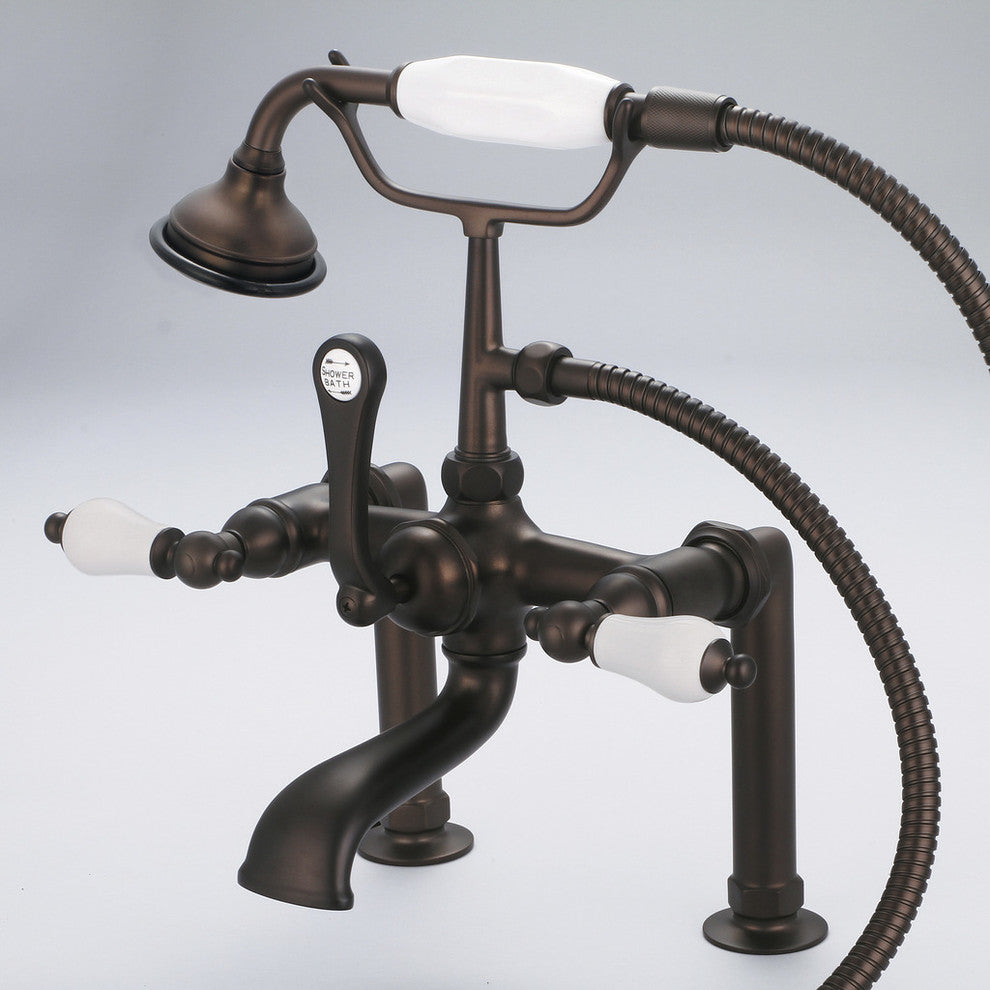 Vintage 7" Spread Deck Mount Tub Faucet w/6" Risers & Handshower, Lever handles