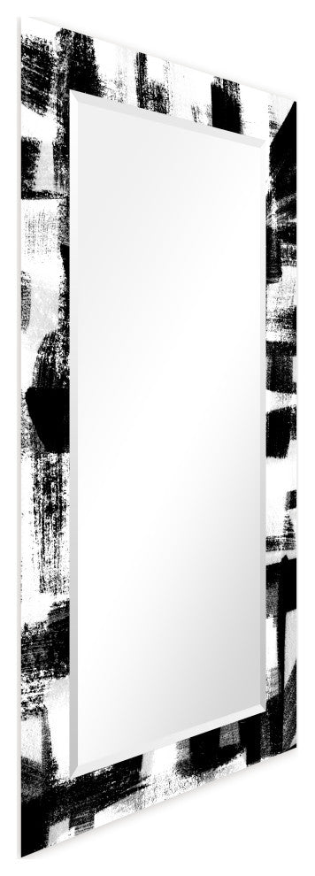 Black and WhiteBeveled Mirror on Printed Abstarct Tempered Art Glass, 54x28"
