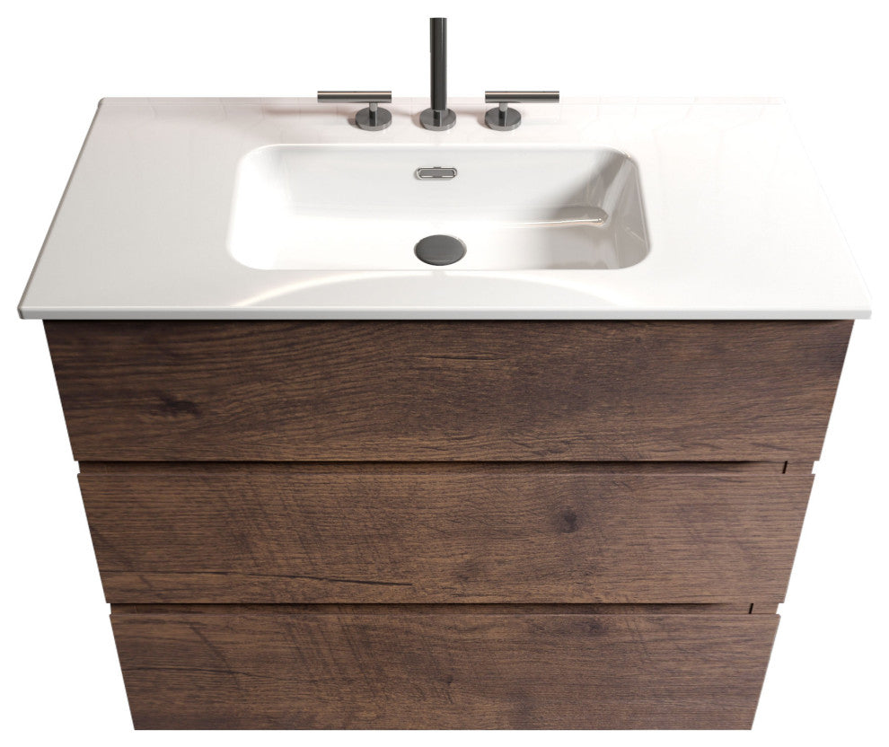 Freestanding Bathroom Vanity Set with White Ceramic Sink Basin, Walnut, 36"