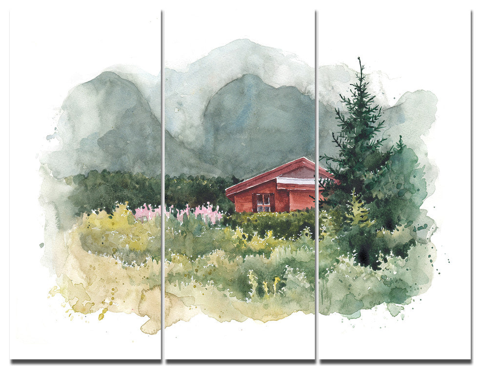 Watercolor House Aad Mountains, Landscape Triptych Canvas Print, 36x28, 3 Panels