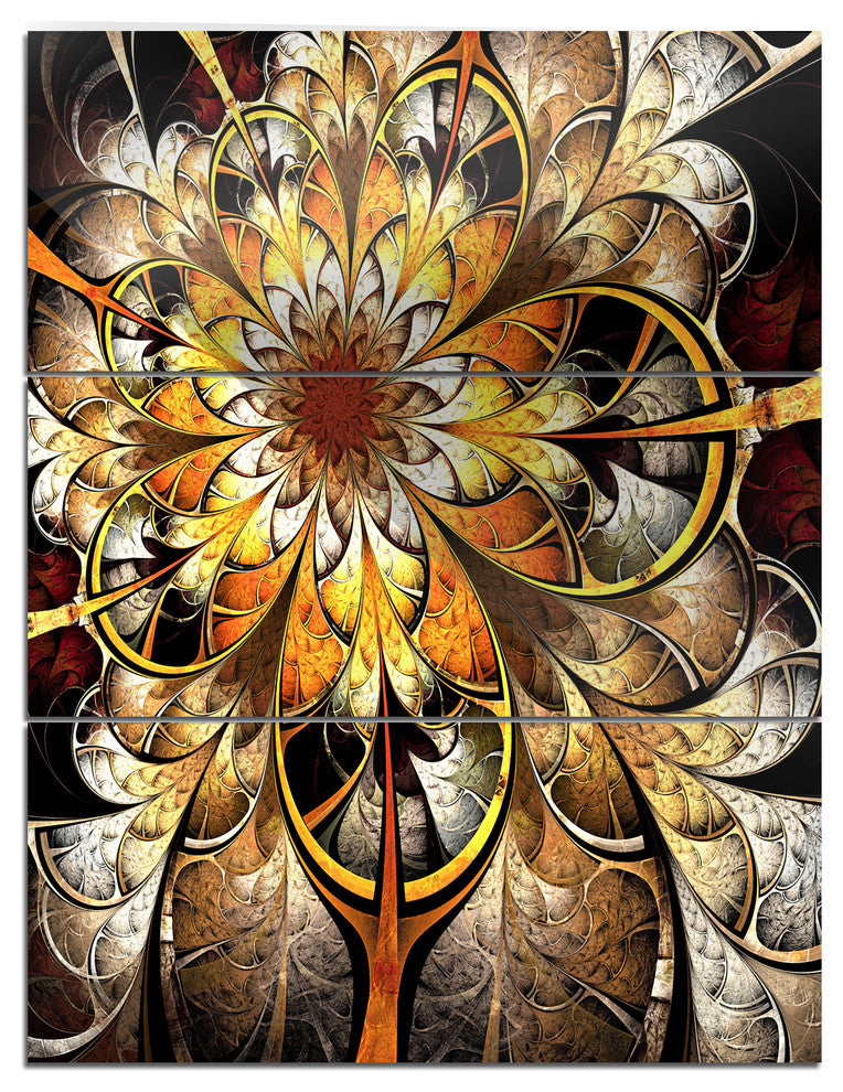 "Fractal Flower Dark Yellow" Digital Metal Wall Art, 3 Panels, 28"x36"