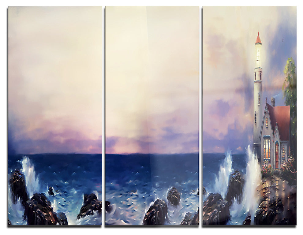 "Lighthouse Sea Panoramic" Glossy Metal Wall Art, 3 Panels, 36"x28"