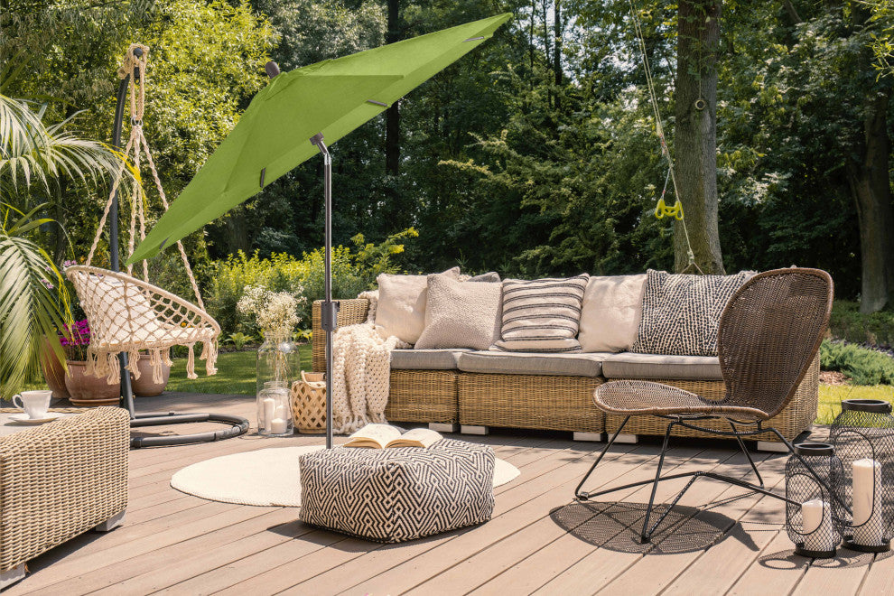 9' Round Push Tilt Market Umbrella, Antique Bronze frame, Sunbrella, Macaw