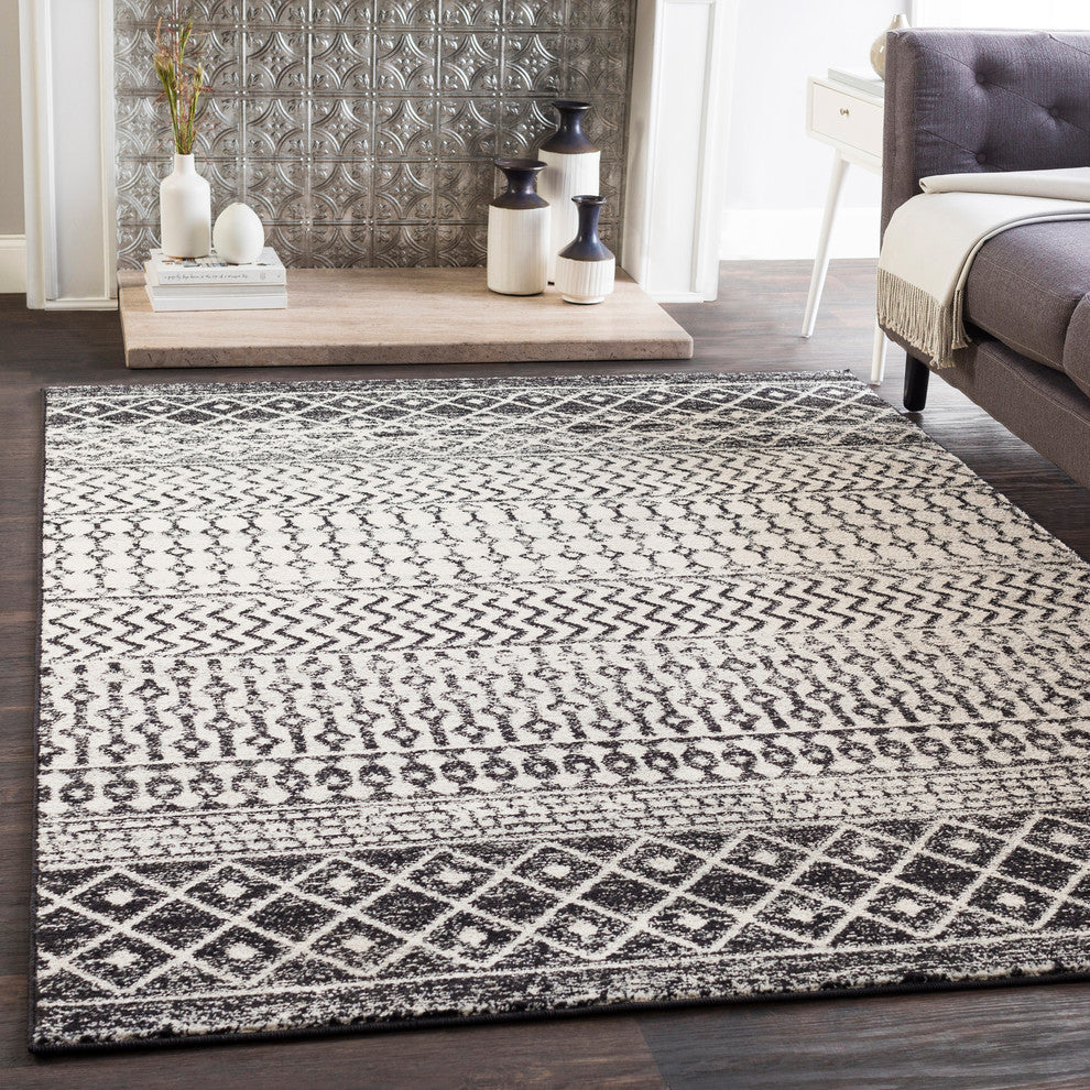 Elaziz Bohemian Global Gray, Black Area Rug, 7'10"x10'3"