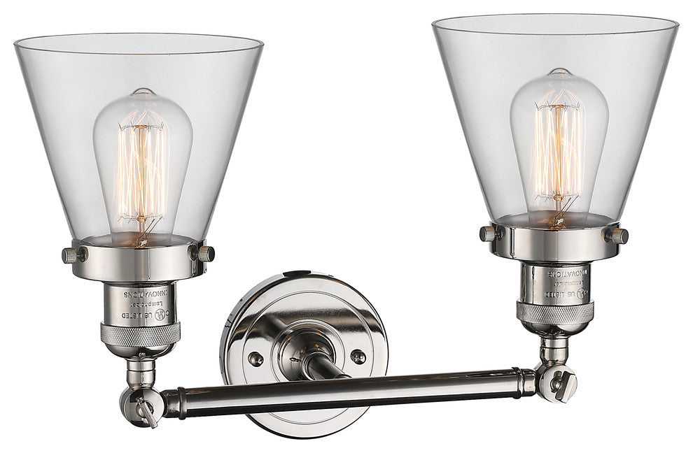 Small Cone 2-Light Bath Fixture, Clear Glass, Polished Nickel