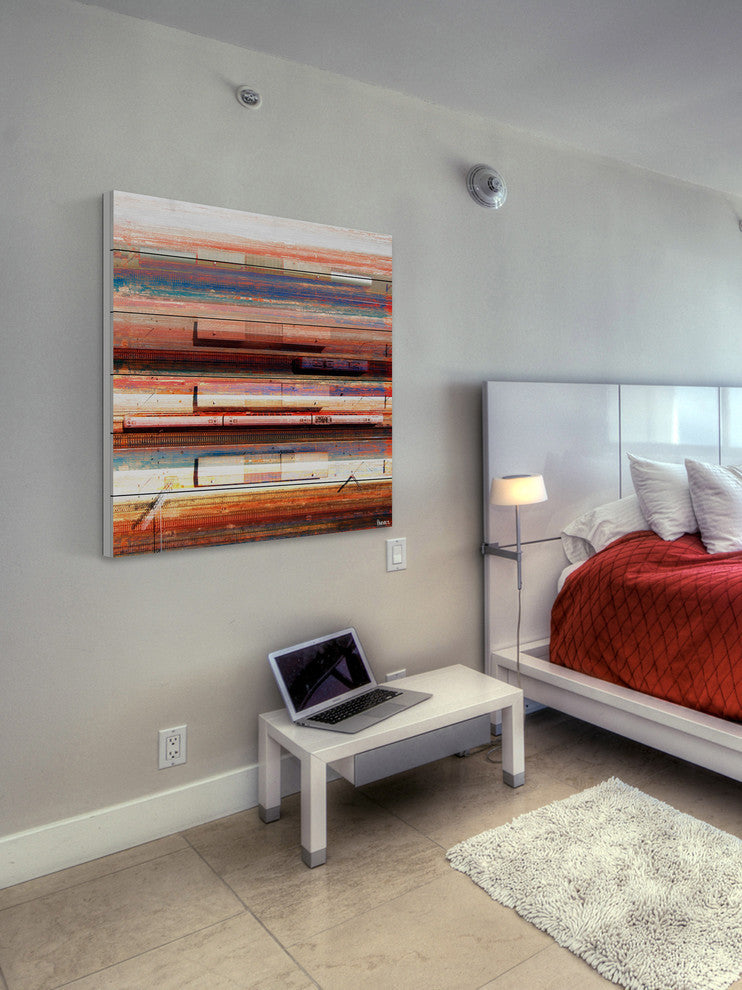"Trains on Tracks" Painting Print on White Wood, 32"x32"