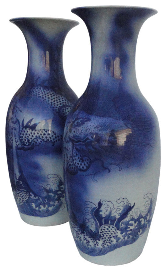 Chinese Porcelain Blue And White Tall Vase, 2-Piece Set