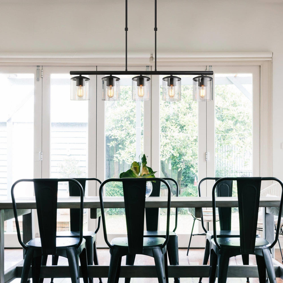LNC 5-Light Industrial Matte Black and Linear Pendant Light for Kitchen Isalnd
