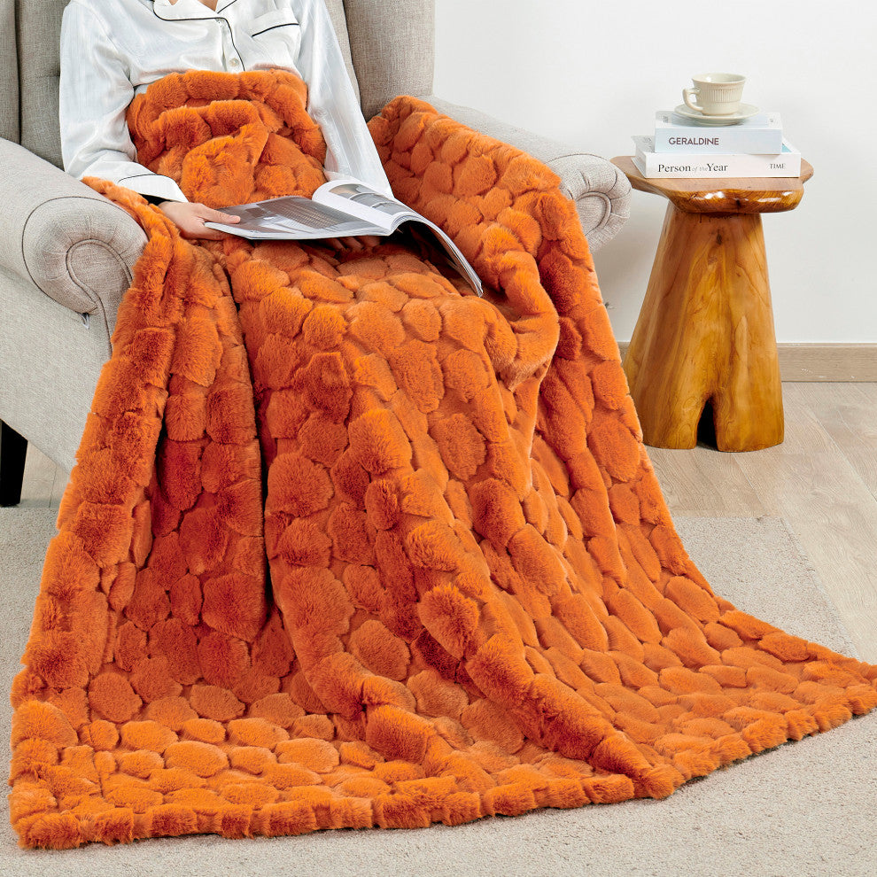 Cloud Carved Faux Fur Throw Blanket, Burnt Orange