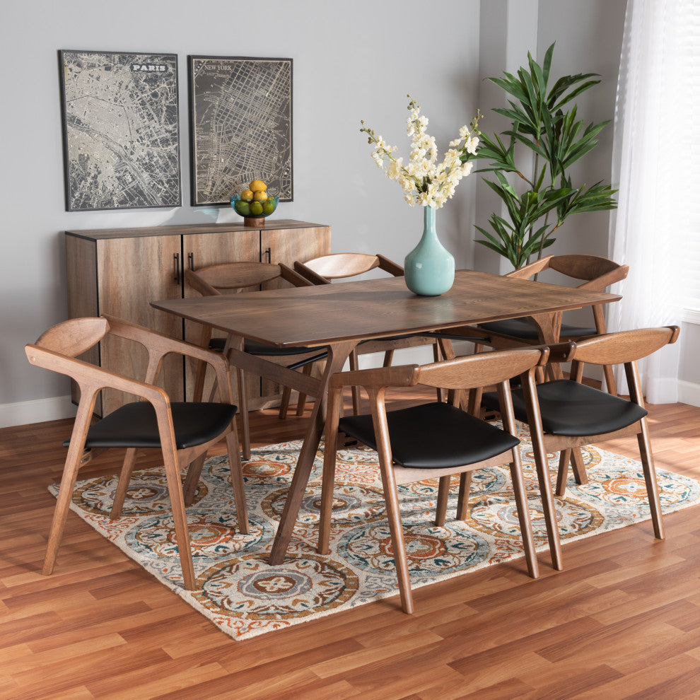 Ysobel Midcentury Modern Walnut Effect 7-Piece Dining Set- Black