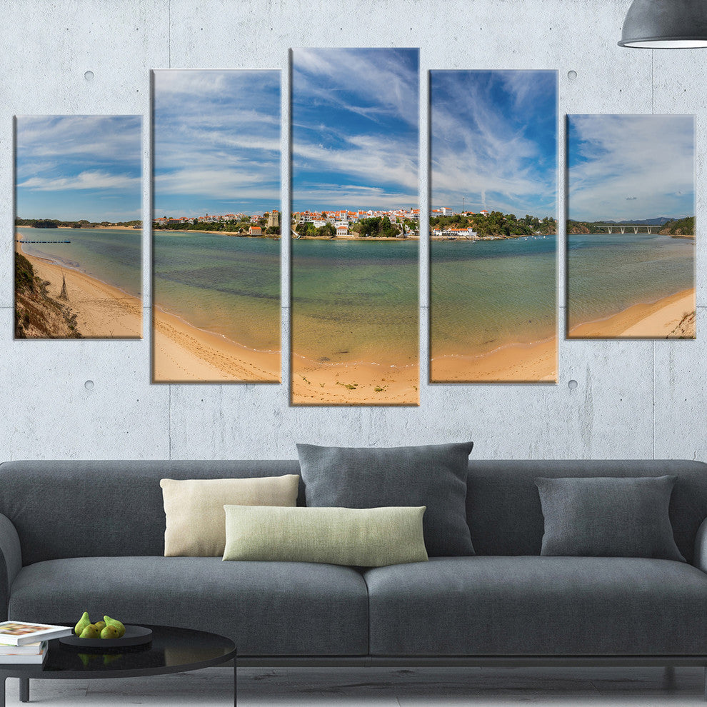 "Portuguese Maritime Village Panorama" Seashore Wall Art, 5 Panels, 60"x32"