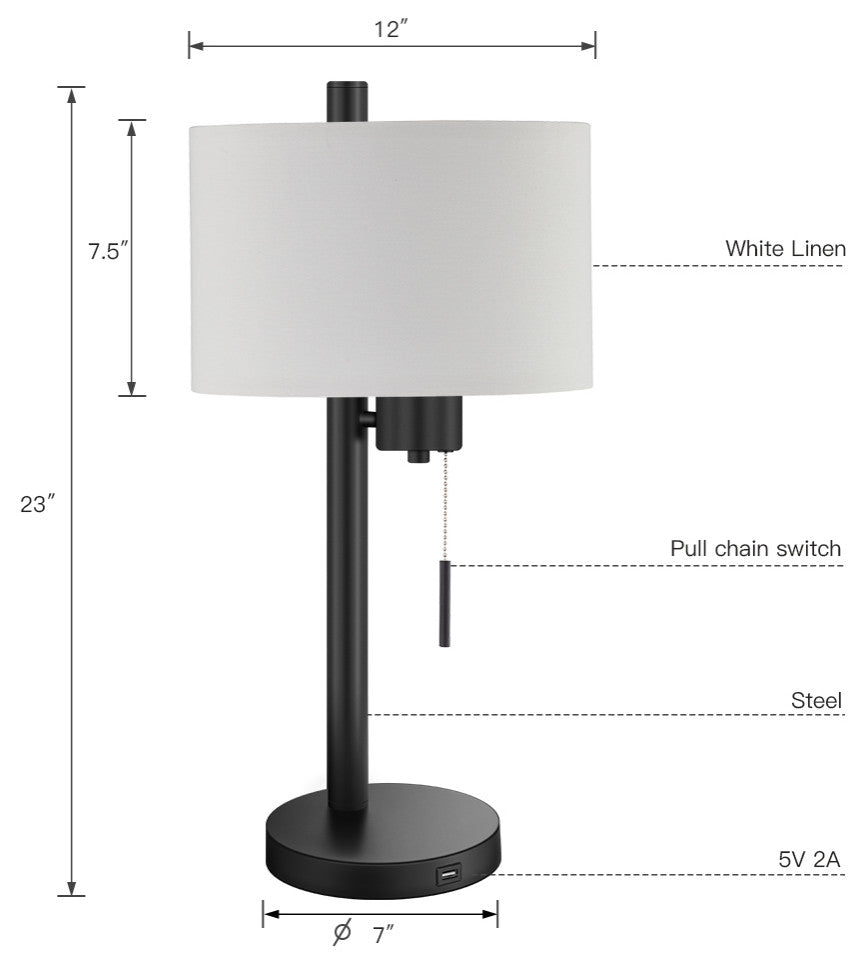 23-in Black Modern Table Lamp With USB Port and White Linen Shade