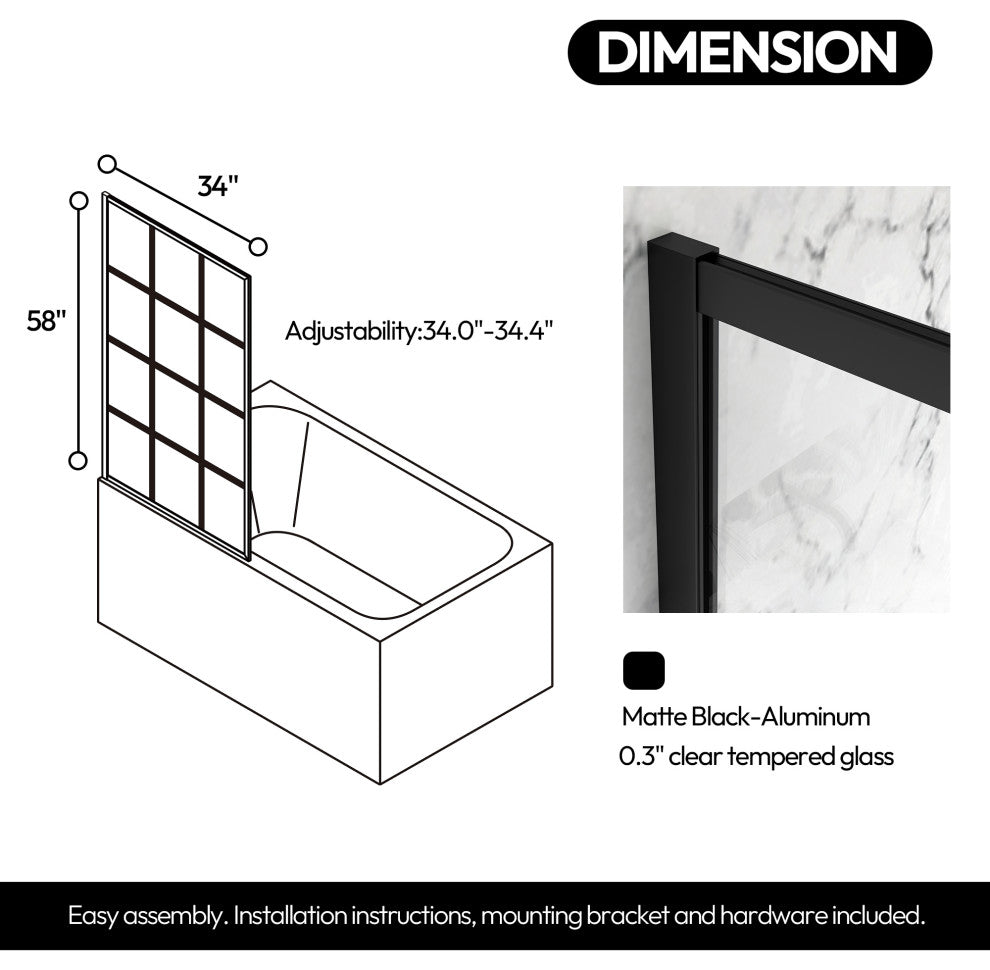 Puente Bathtub Screen Framed Glass Shower Door Shower Panel, Matte Black, 34" W X 58"h