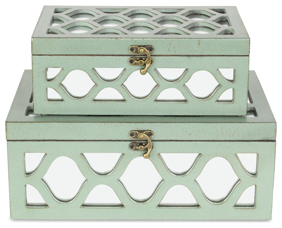 Moroccan Mirrored Wooden Boxes, Blue, Set of 2, Blue
