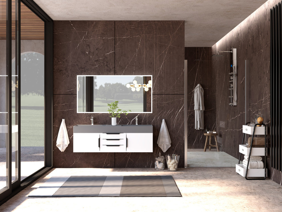 CastelloUSA Amazon 60" Wall Mounted Bathroom Vanity Set, White, Gray Top, Black Handles