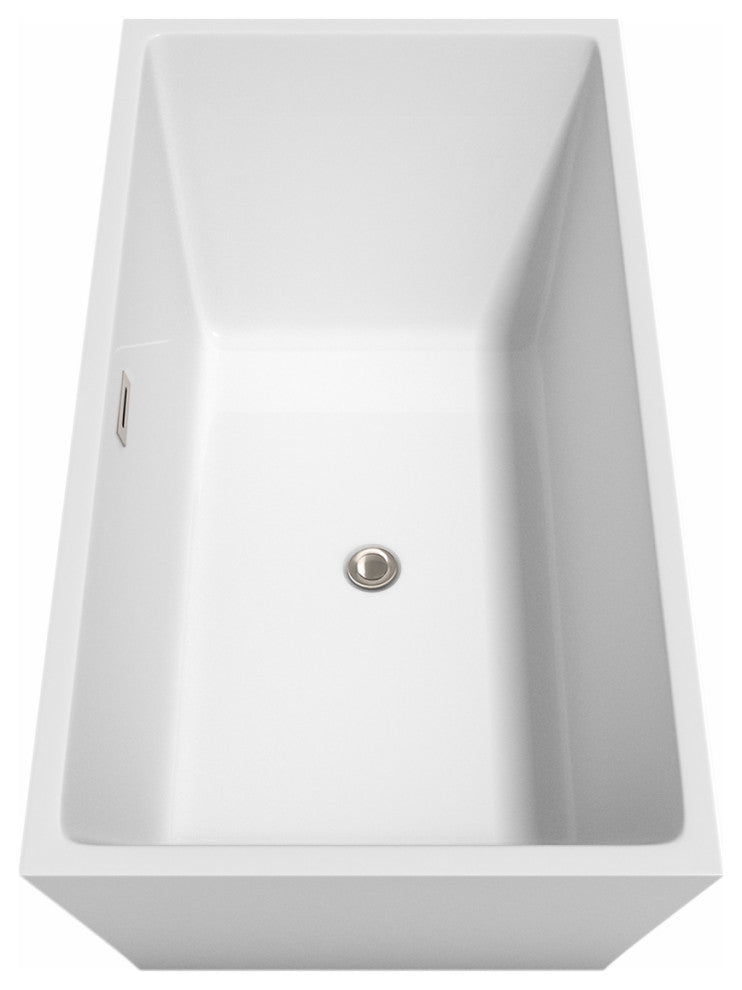 Sara 59" Freestanding White Bathtub, Brushed Nickel Drain and Overflow Trim