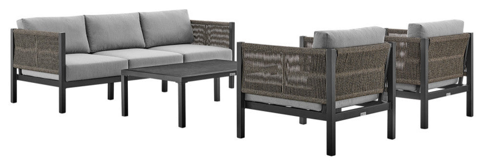 Cuffay 4-Piece Outdoor Furniture Set, Brown Aluminum And Rope With Cushions, Black