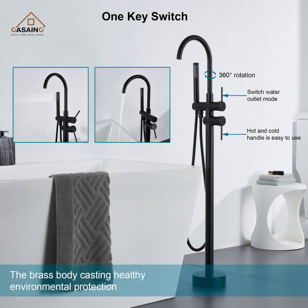 Freestanding Bathtub Faucet Hand Shower Floor-Mount High-arc Tub Faucet 2-Handle