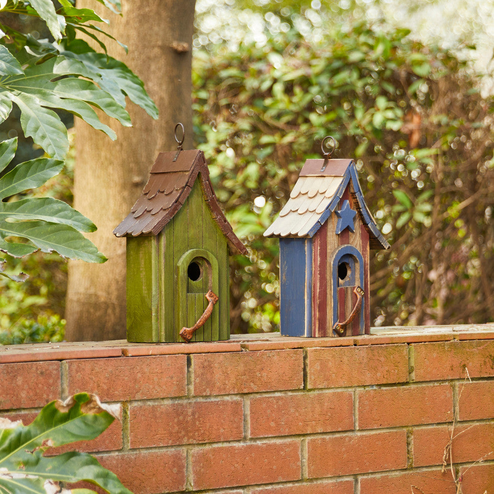Rustic Garden Distressed Wooden Birdhouse, Metal Door Handle