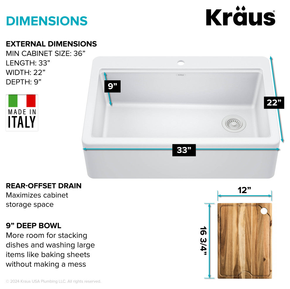 KRAUS Bellucci 33" Workstation Drop, Farmhouse Granite Kitchen Sink White