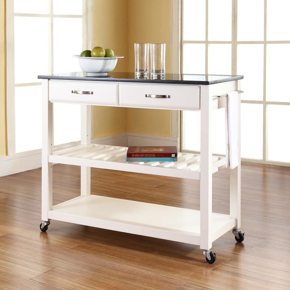 Crosley 2 Drawer Black Granite Top Kitchen Cart in White