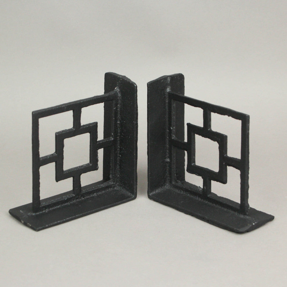 Set of 2 Cast Iron Breeze Block Bookends Decorative Rustic Geometric Shelf Deco