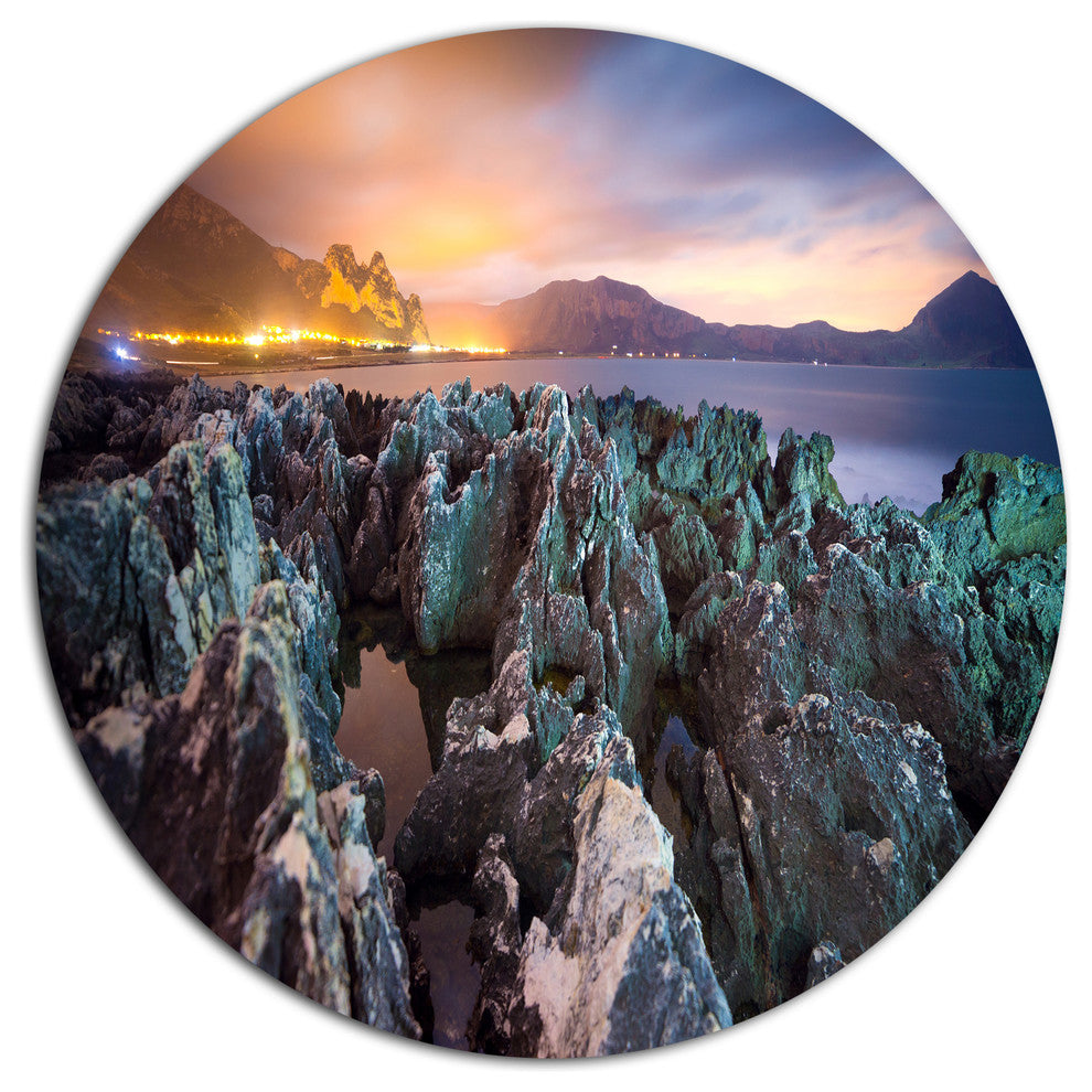 Beautiful Night View Of Coast, Landscape Round Metal Wall Art, 23"