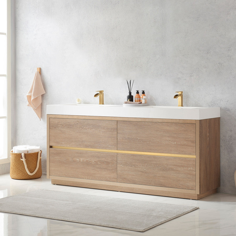 Huesca Bath Vanity, Integrated Sink Top, North American Oak, 72", Without Mirror