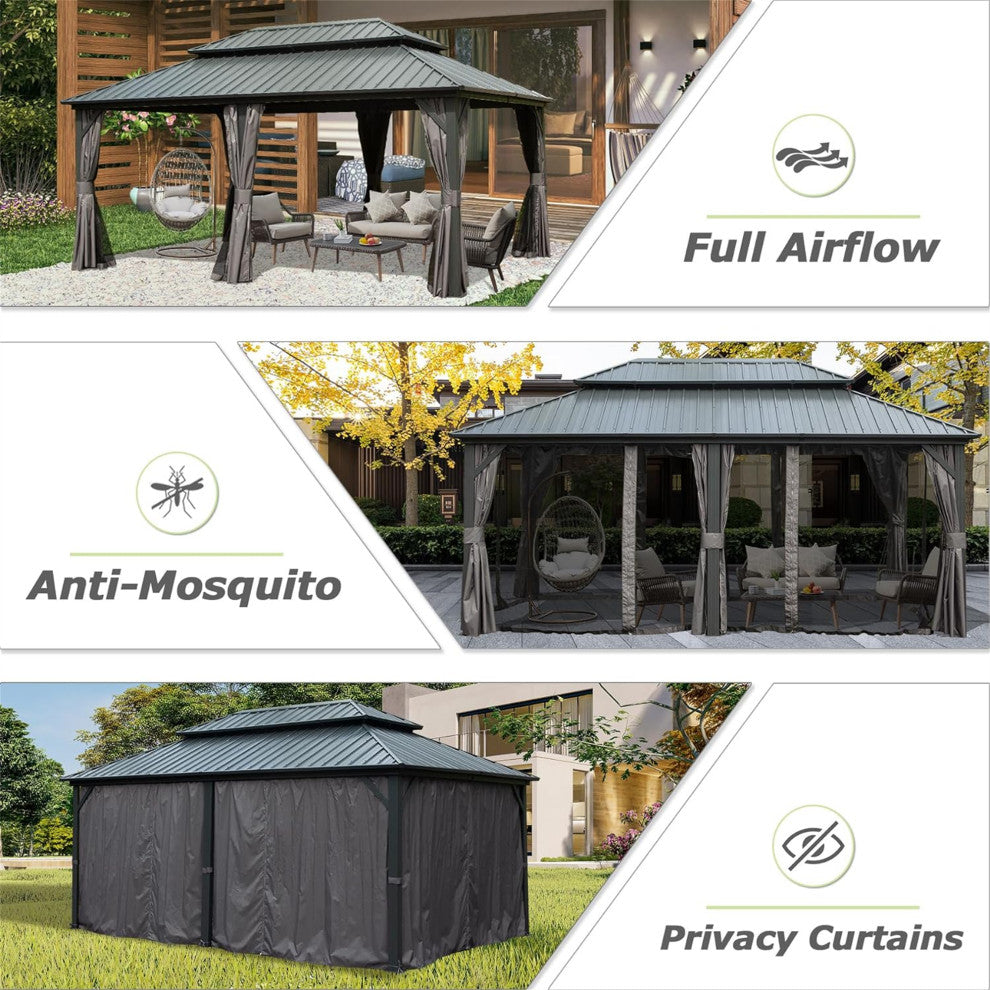 Hardtop Gazebo, Aluminum Metal Gazebo with Galvanized Steel Double Roof, Gray