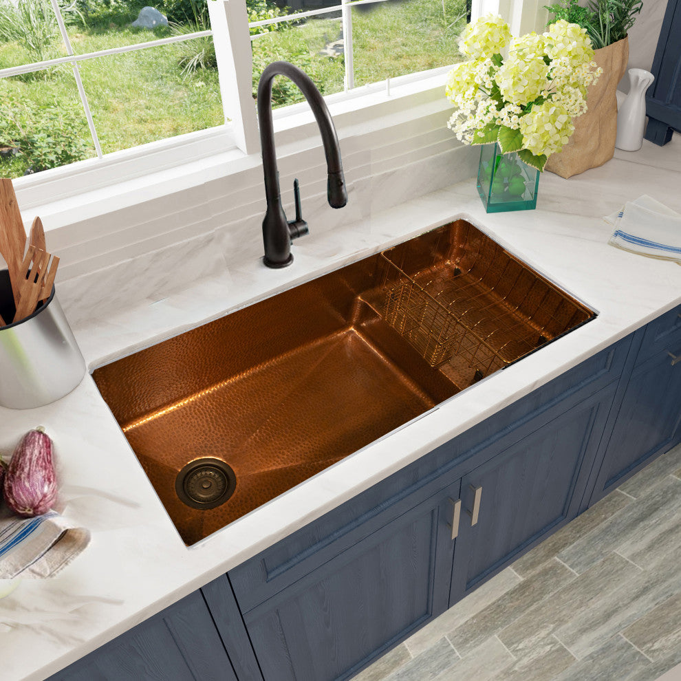 X Studio Dearborn Copper STEPPE Undermount Kitchen Sink, Hand Hammered Copper