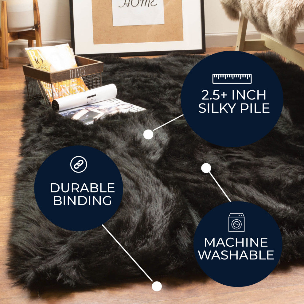 Plush and Soft Faux Sheepskin Fur Shag Area Rug, Black, 3' X 5'