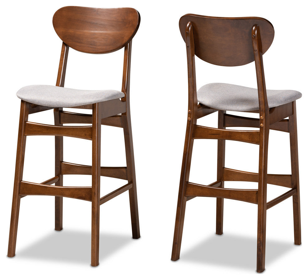 Kobell Midcentury Modern Walnut Effect 2-Piece Bar Stool Set, Gray Seat