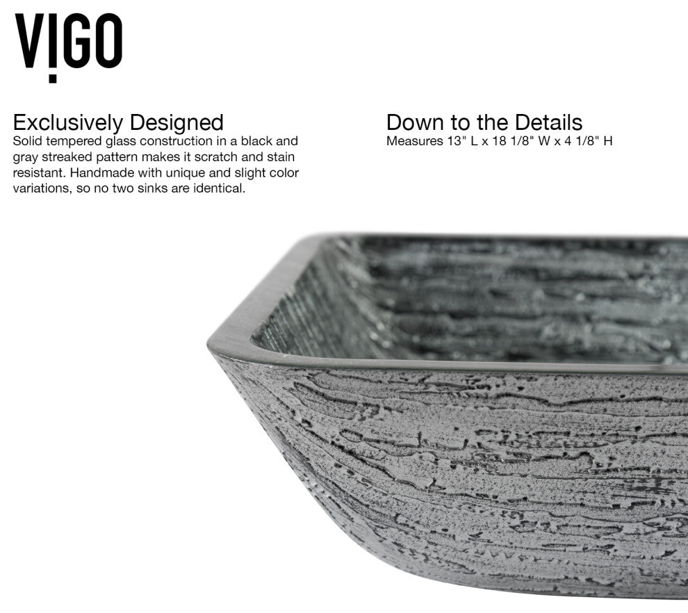 VIGO Donatello 18"L x 13"W x 4"H Glass Rectangular Vessel Bathroom Sink in Gray