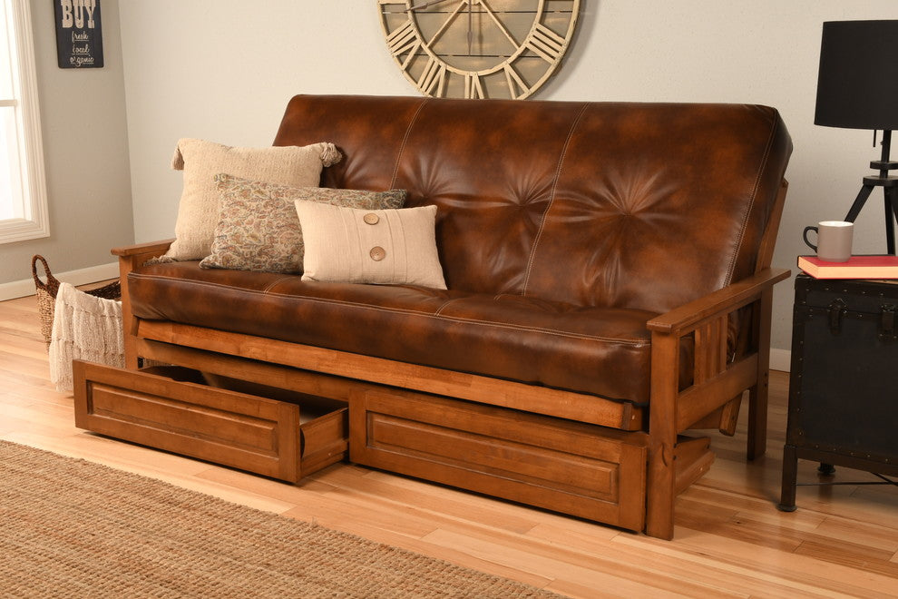 Caleb Frame Futon With Barbados Finish, Storage Drawers, Oregon Trail Saddle