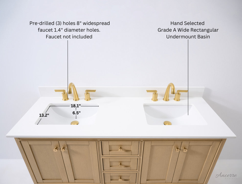 Audrey Vanity Set, Oak, 60", Gold Hardware, White Quartz Top