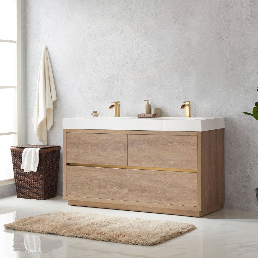 Huesca Bath Vanity, Integrated Sink Top, North American Oak, 60" Double Sink, Without Mirror