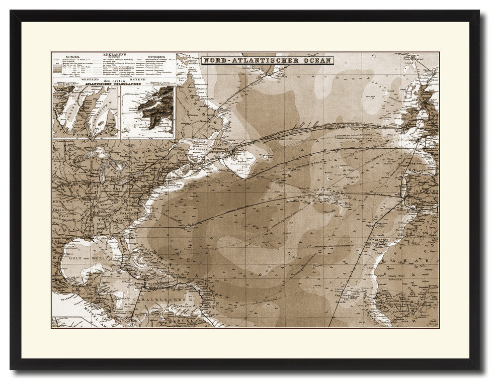 North Atlantic Telegraph Lines Stieler Vintage Sepia Map Canvas Print, 28"x37"