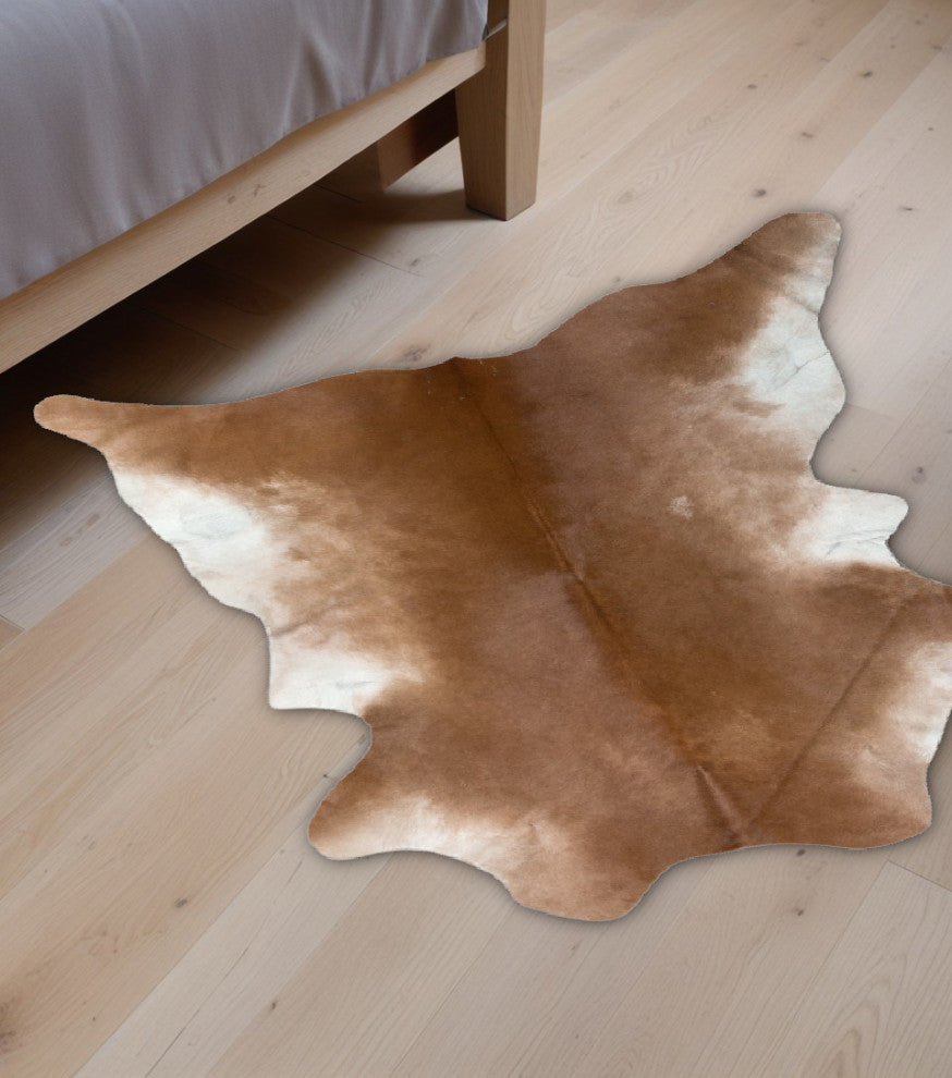 2' X 3' Brown and White Cowhide Hand Woven Area Rug, Tan