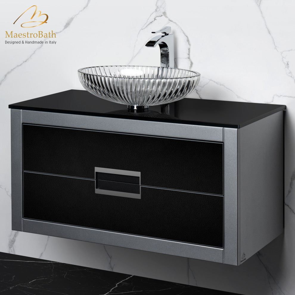 Danya Leather Vanity, Black and Silver, 40"
