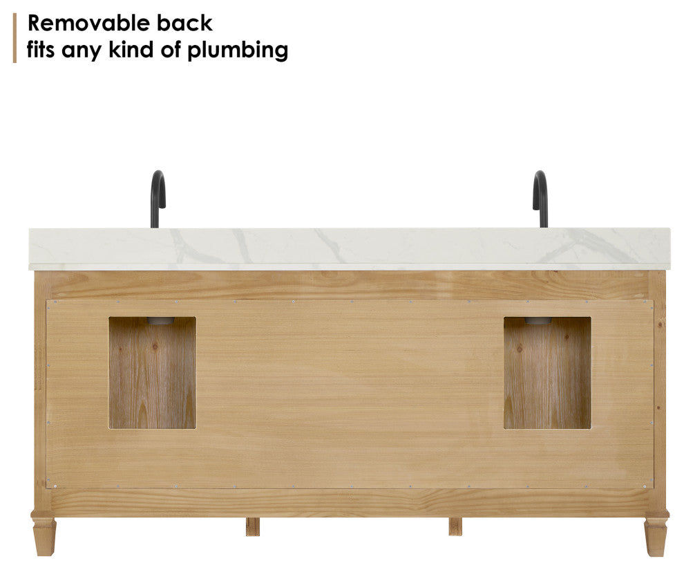 Solana Bathroom Vanity with Calacatta White Quartz Stone Countertop, Weathered Fir, 72", Without Mirror