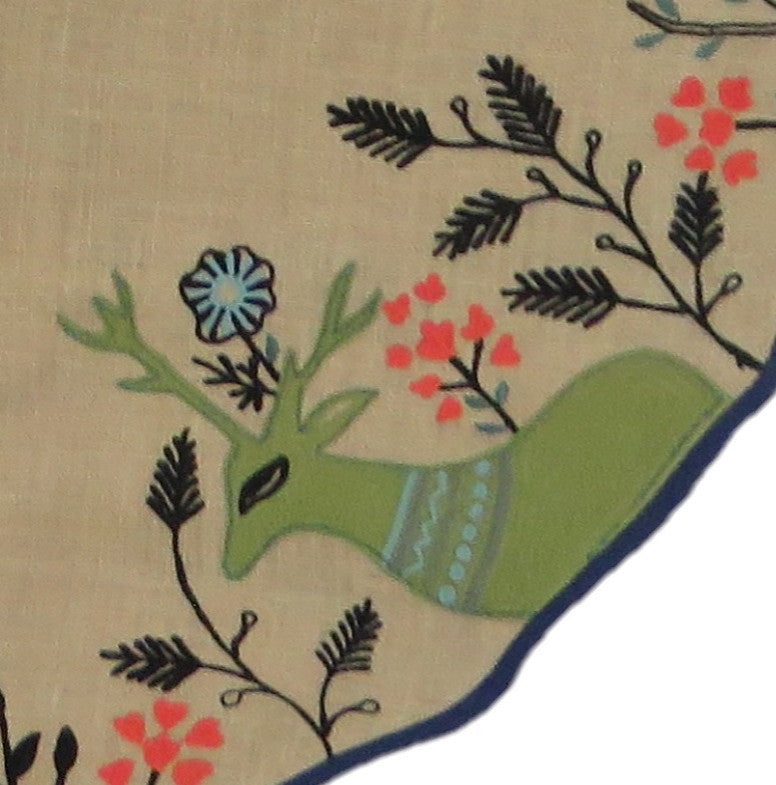 Handmade Christmas Tree Skirt in Jute, Embroidered Forest Scene, 60"