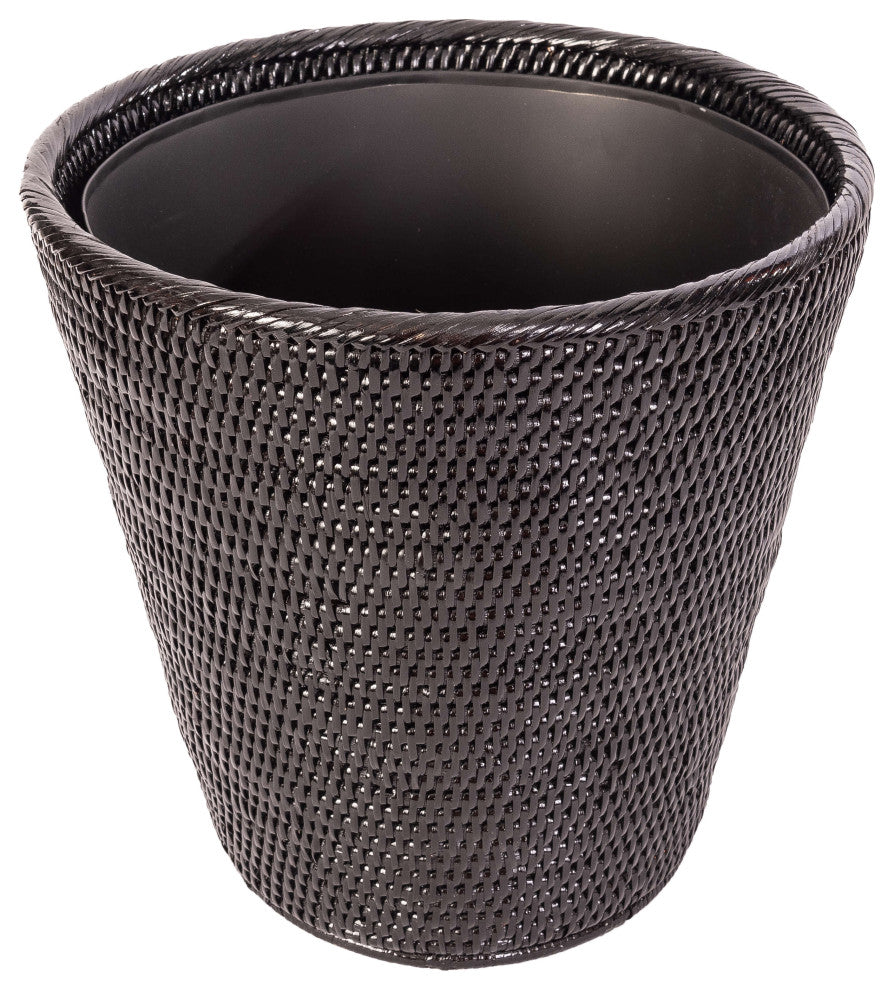 Artifacts Rattan Round Tapered Waste Basket With Metal Liner, Tudor Black
