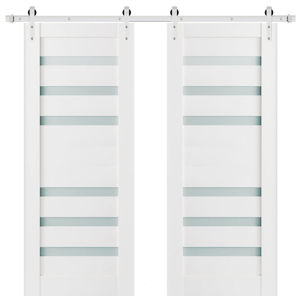 Double Barn Door 48 x 80 Frosted Glass, Quadro 4266 White, Silver 13FT