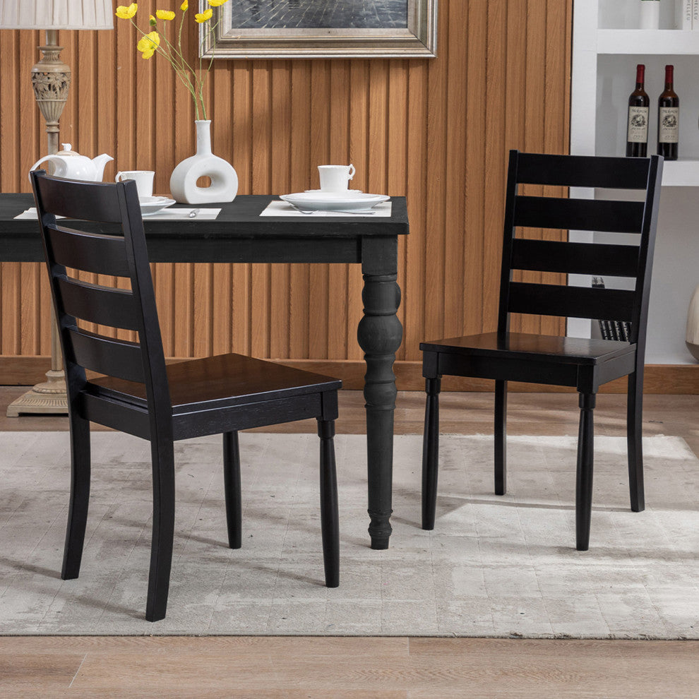 Ladder Back Wooden Chairs Set of 2, Black-Wood Seat