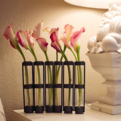 6-Tube Hinged Vases on Rings Stands, Antique Black