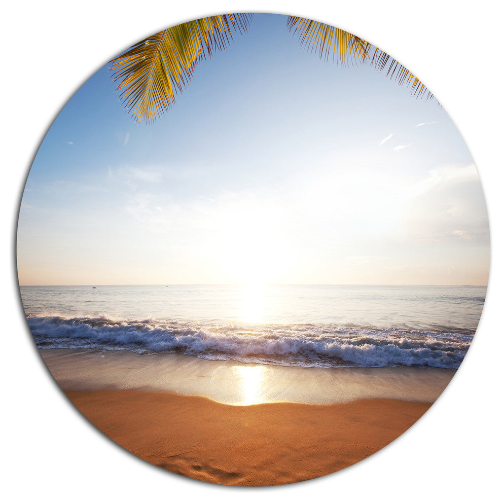 Deserted Beach With Palm Leaves, Seashore Round Wall Art, 11"