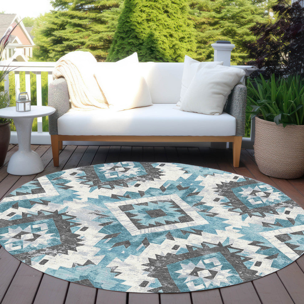 Machine Washable Indoor/Outdoor Chantille ACN1878 Teal 8' x 8' Round Rug