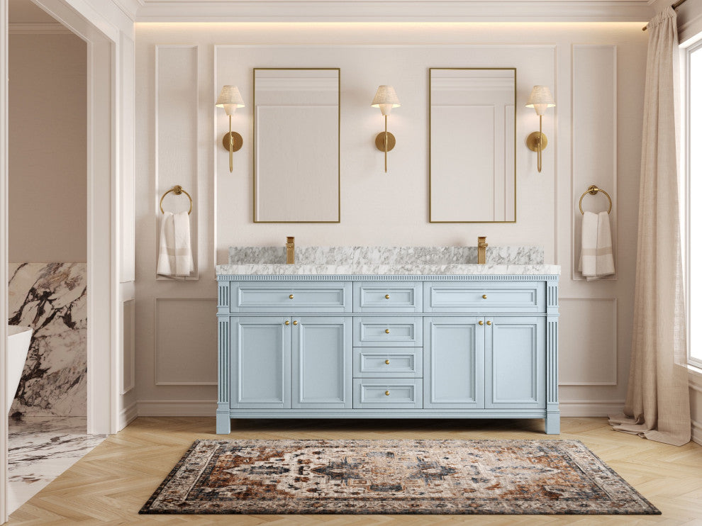 Paris 72" Double Sink Bathroom Vanity, Blue Heather 2" Carrara Marble