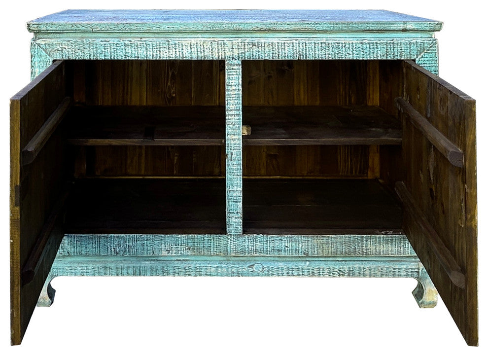 Distressed Turquoise Aqua Blue Rough 2 Doors Credenza Sideboard Console Hws4344