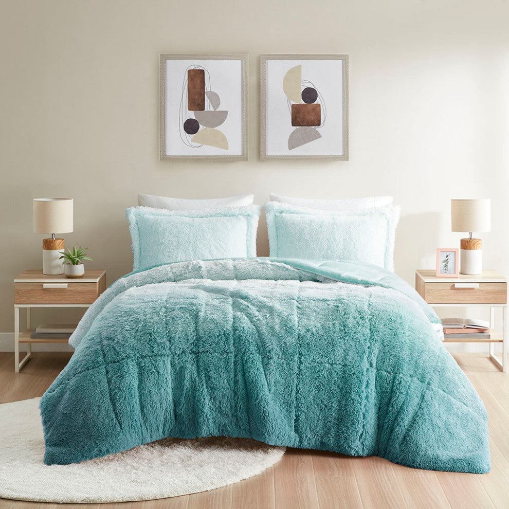 Intelligent Design Brielle Ombre Shaggy Long Fur Comforter Mini Set, Aqua